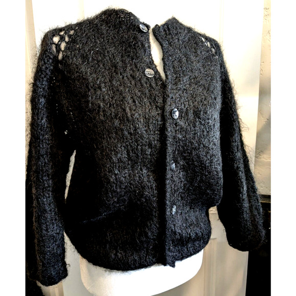 Vintage Mohair Cardigan Black Crochet Handmade Sweater Size PM - Picture 1 of 8